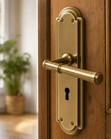 Poignée de porte en laiton sur une porte en bois d'appartement parisien