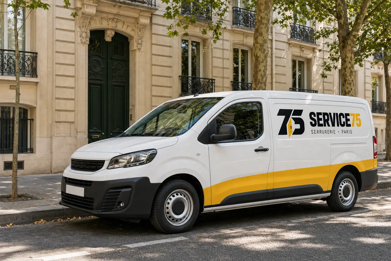 Camionnette SERVICE75, serrurerie à Paris, garée devant un immeuble haussmannien